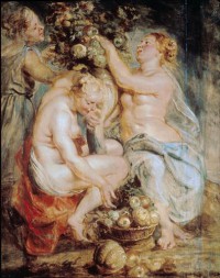 Картина автора Рубенс Питер Пауль под названием Ceres and Two Nymphs with a Cornucopia  				 - Ceres и двумя нимфами с рогом изобилия