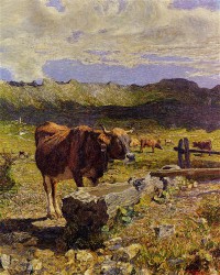 Картина автора Сегантини Джованни под названием Brown Cow in the Waterhole