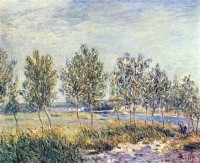 Картина автора Сислей Альфред под названием Poplars on a River Bank  				 - Тополя на берегу реки