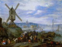Картина автора Старший Ян Брейгель под названием Речная пристань с мельницей