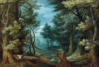 Картина автора Старший Ян Брейгель под названием Лесной пейзаж с оленьей охотой