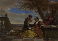 Картина автора Стен Ян под названием Two Men and a Young Woman making Music on a Terrace