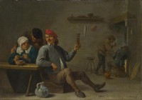 Картина автора Тениерс Младший Давид под названием A Man holding a Glass and an Old Woman lighting a Pipe