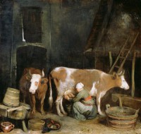 Картина автора Терборх Герард под названием Доение коровы в хлеву