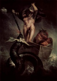 Картина автора Фюсли Иоганн Генрих под названием Der Kampf des Thor mit der Schlange des Midgard