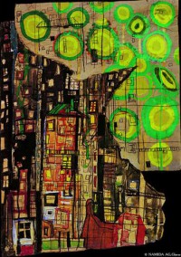 Картина автора Хундертвассер Фриденсрайх под названием Sunflowers and the City  				 - Подсолнечники и Город
