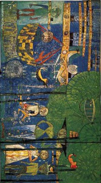 Картина автора Хундертвассер Фриденсрайх под названием PARADIES – LAND DER MENSCHEN, VÖGEL UND SCHIFFE  				 - Земля людей, деревьев, птиц и кораблей