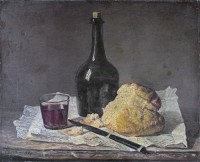 Картина автора Шарден Жан Батист Симеон под названием Натюрморт со стеклянной бутылкой и хлебом