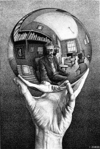 Картина автора Эшер Мауриц Корнелис под названием Hand with reflecting sphere  				 - Рука с отражающим шаром